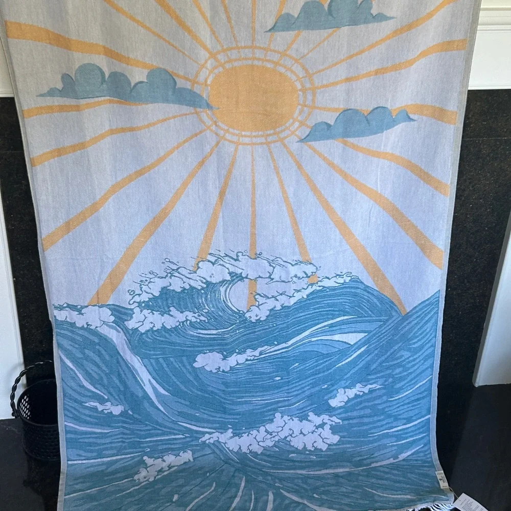SWELL DAY SUN + OCEAN Tapestry Wall Art Woven Green + Mustard Blue + Yellow NEW!